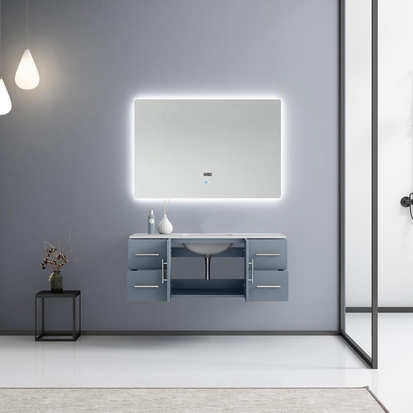 Geneva 48" Dark Grey Single Vanity, White Carrara Marble Top, White Square Sink and 48" LED Mirror