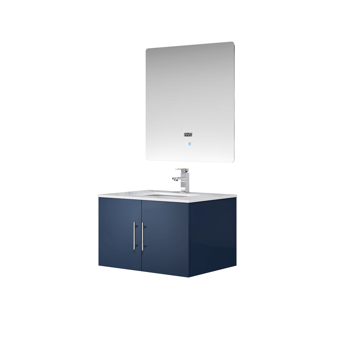 Geneva 30" Navy Blue Single Vanity, White Carrara Marble Top, White Square Sink and 30" LED Mirror w/ Faucet