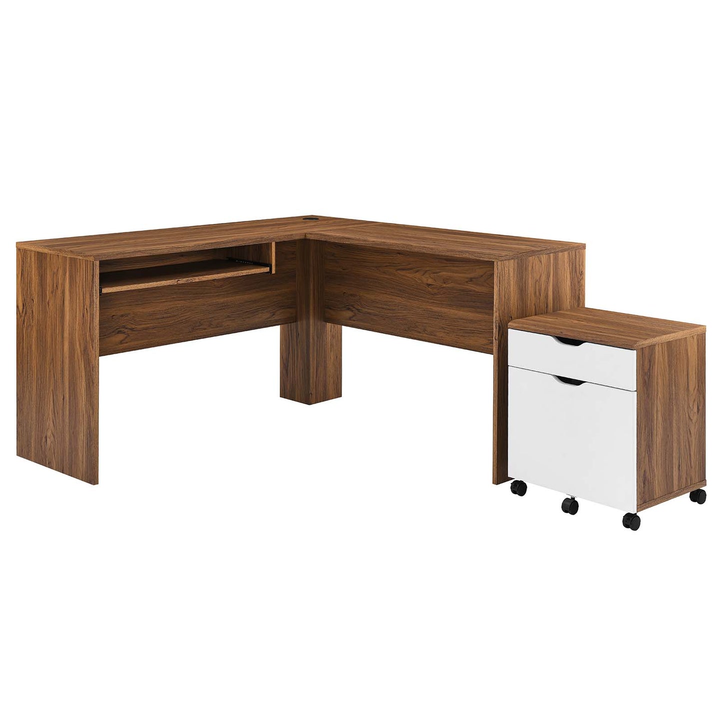 Modway Envision Mid-Century Modern Office Desk and File Cabinet in Walnut White