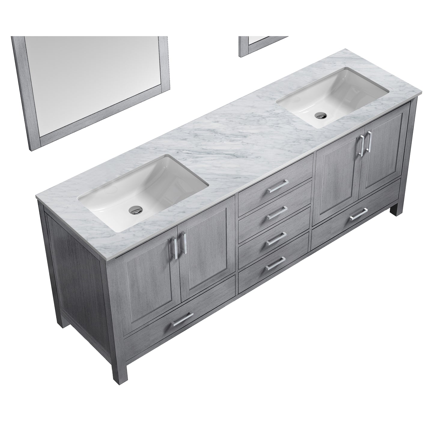 Jacques 80" Distressed Grey Double Vanity, White Carrara Marble Top, White Square Sinks and 30" Mirrors w/ Faucets