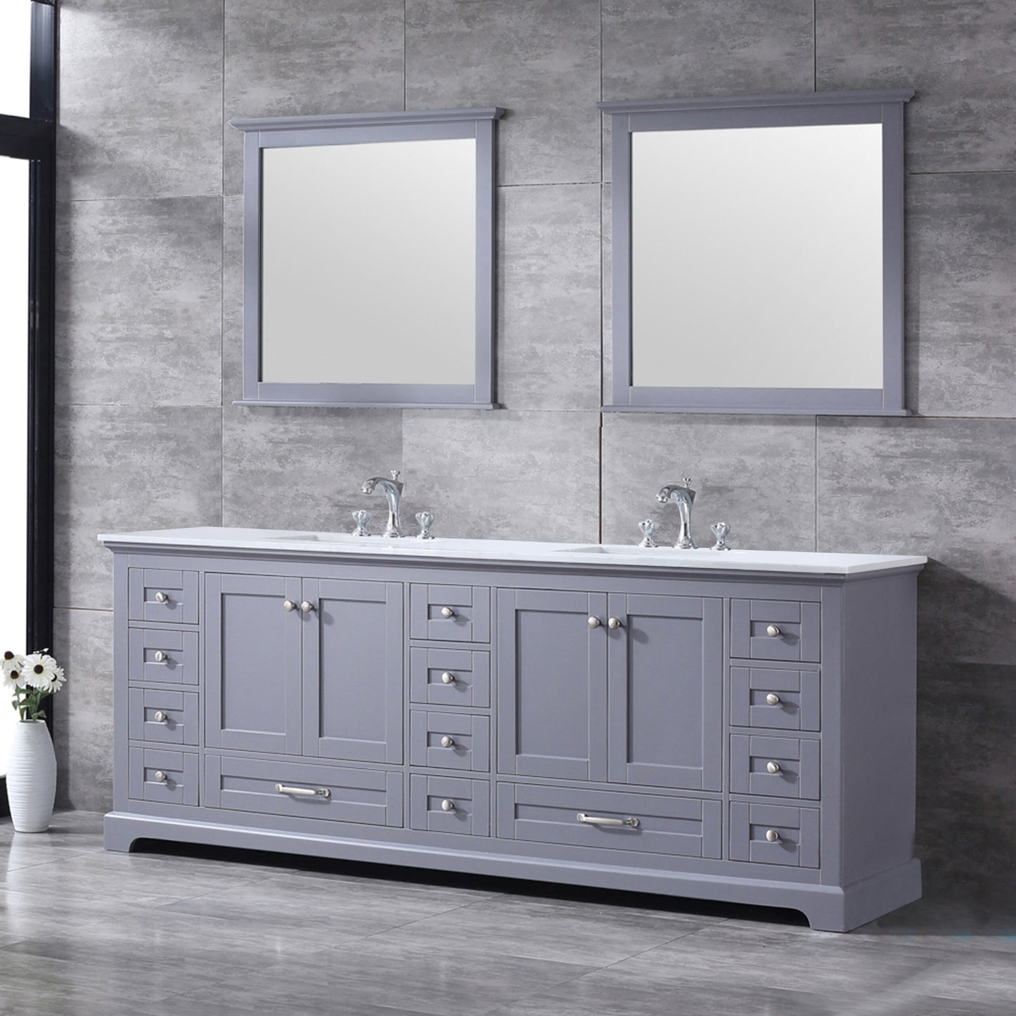 Dukes 84" Dark Grey Double Vanity, White Quartz Top, White Square Sinks and 34" Mirrors w/ Faucets