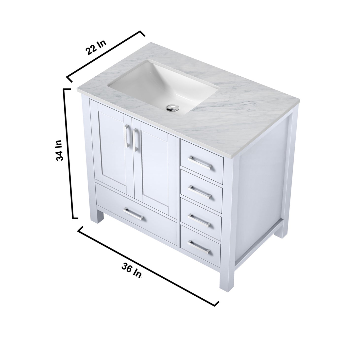 Jacques 36" White Single Vanity, White Carrara Marble Top, White Square Sink and no Mirror - Left Version