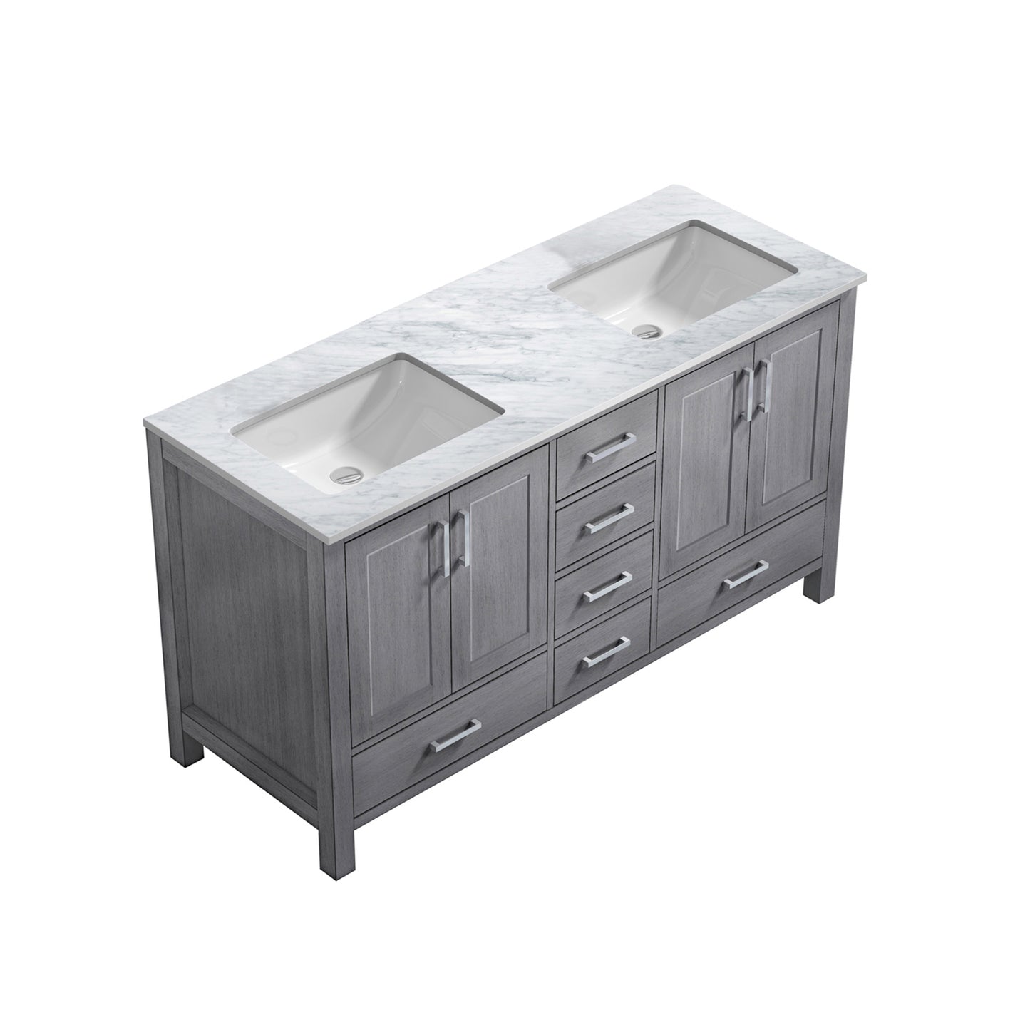 Jacques 60" Distressed Grey Double Vanity, White Carrara Marble Top, White Square Sinks and no Mirror