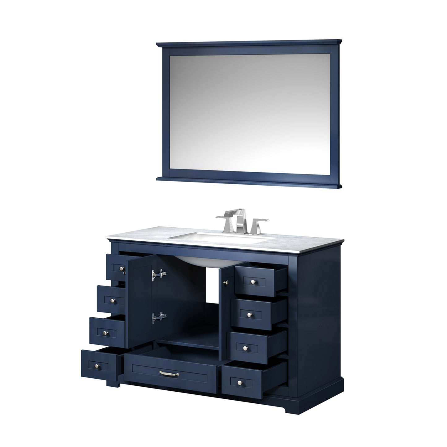 Dukes 48" Navy Blue Single Vanity, White Carrara Marble Top, White Square Sink and 46" Mirror w/ Faucet