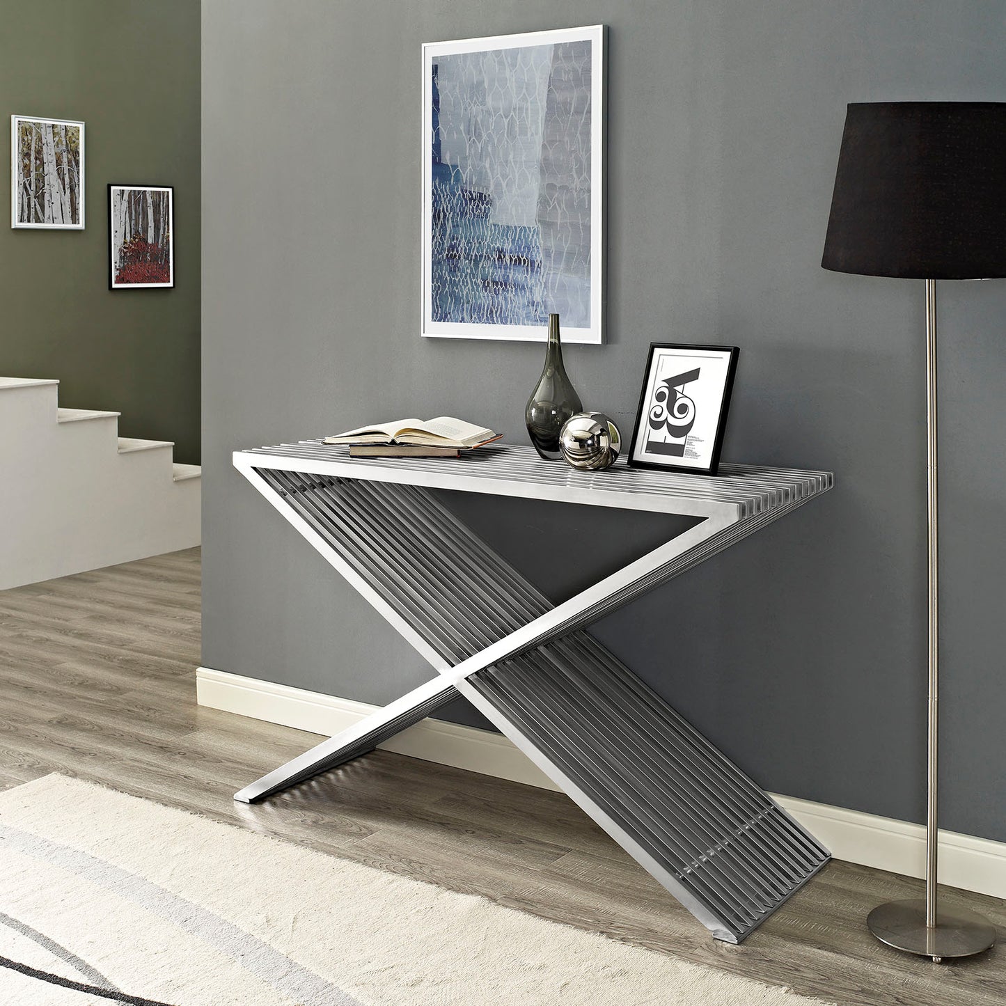 Modway Press Contemporary Modern Stainless Steel Console Table In Silver