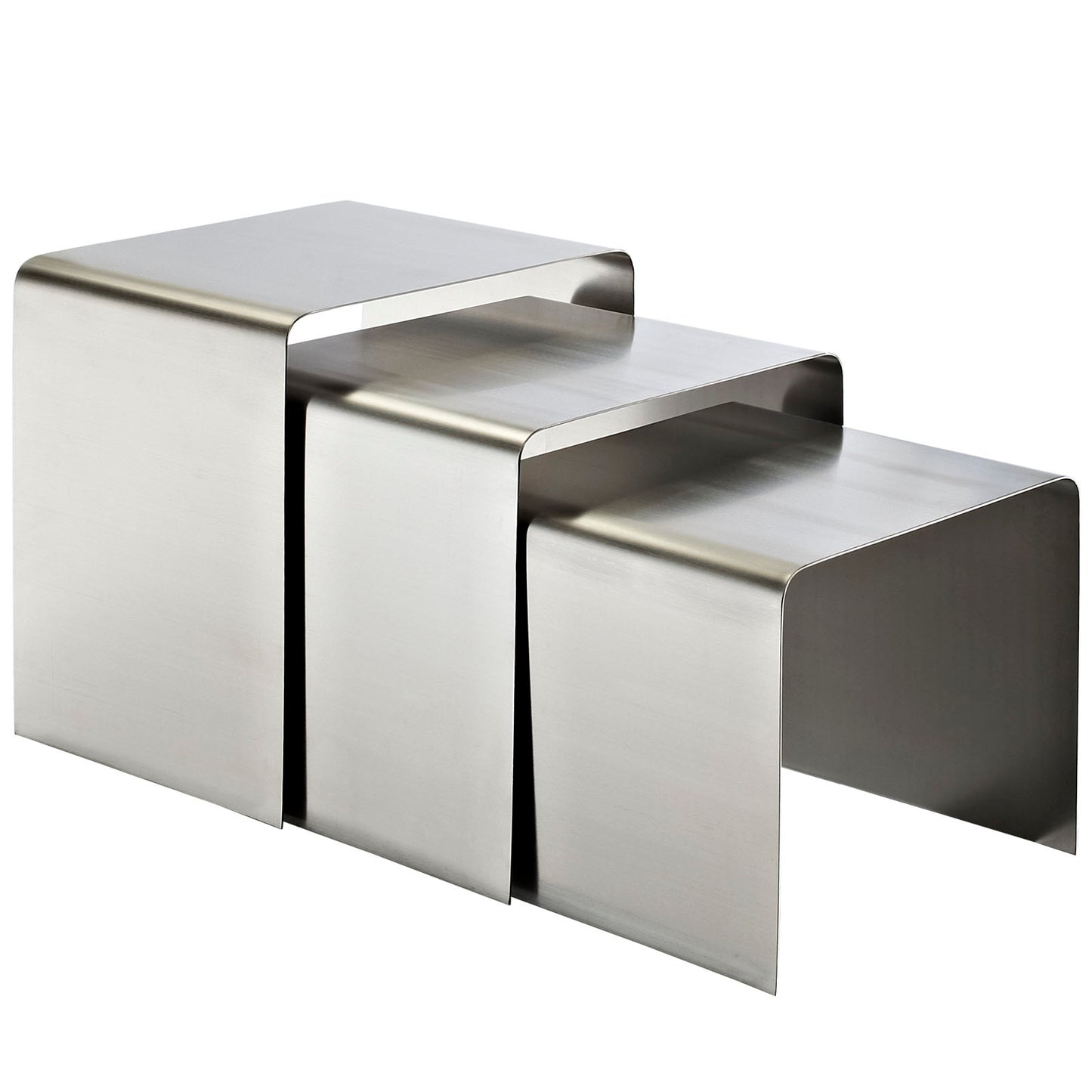 Modway Rush Brushed Stainless Steel Metal 3-Piece Side Nesting Table Set In Silver