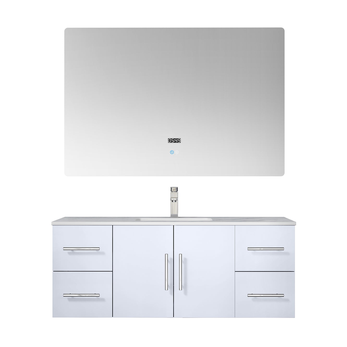 Geneva 48" Glossy White Single Vanity, White Carrara Marble Top, White Square Sink and 48" LED Mirror w/ Faucet