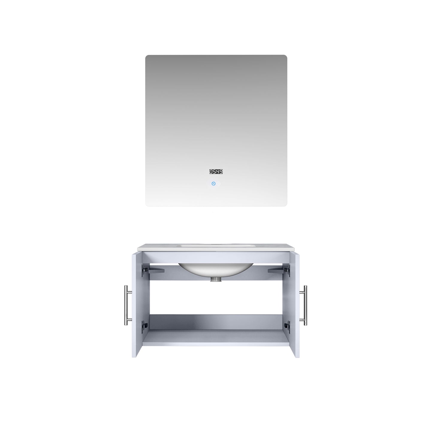 Geneva 30" Glossy White Single Vanity, White Carrara Marble Top, White Square Sink and 30" LED Mirror