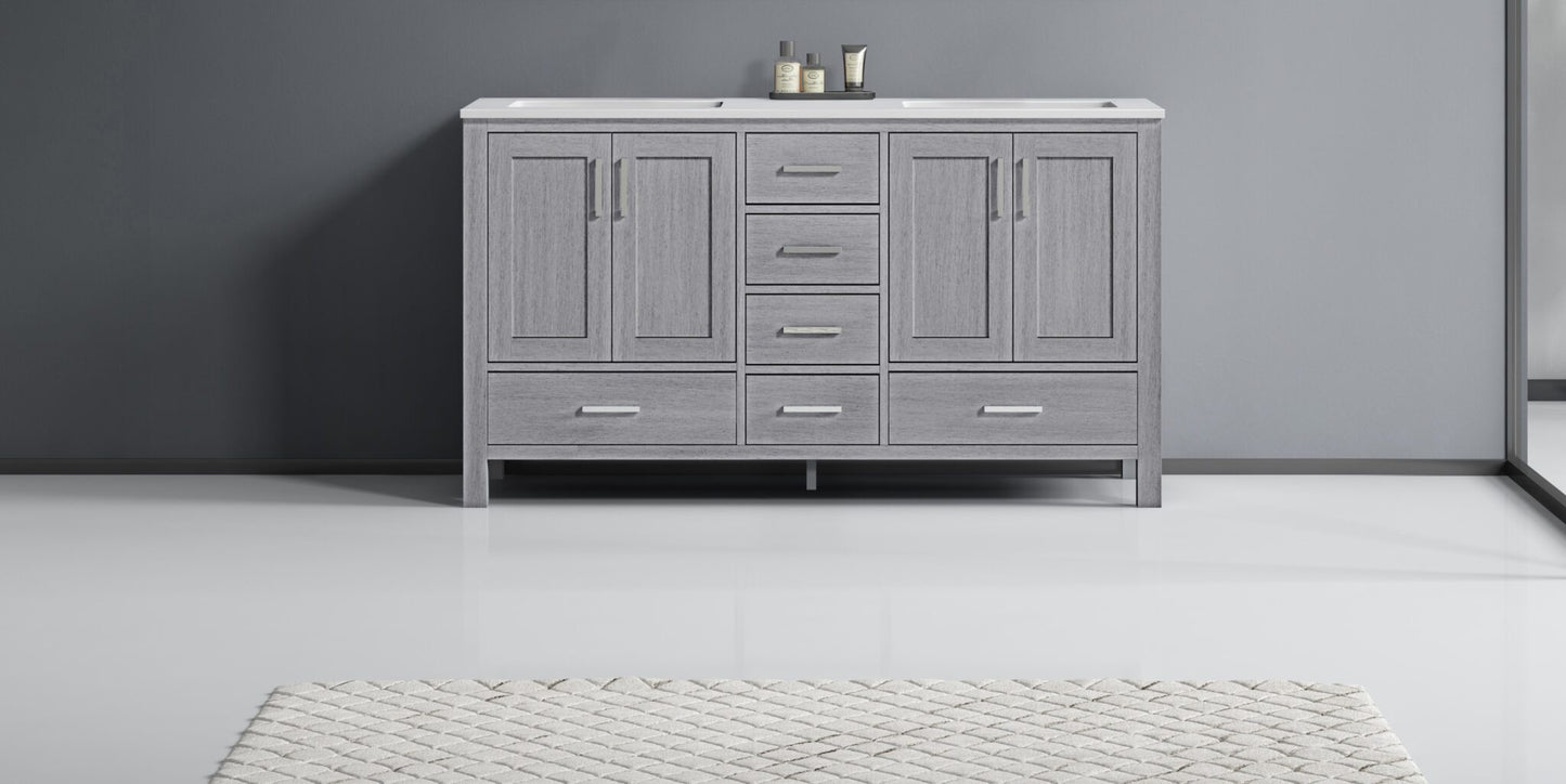 Jacques 60" Distressed Grey Double Vanity, White Quartz Top, White Square Sinks and no Mirror