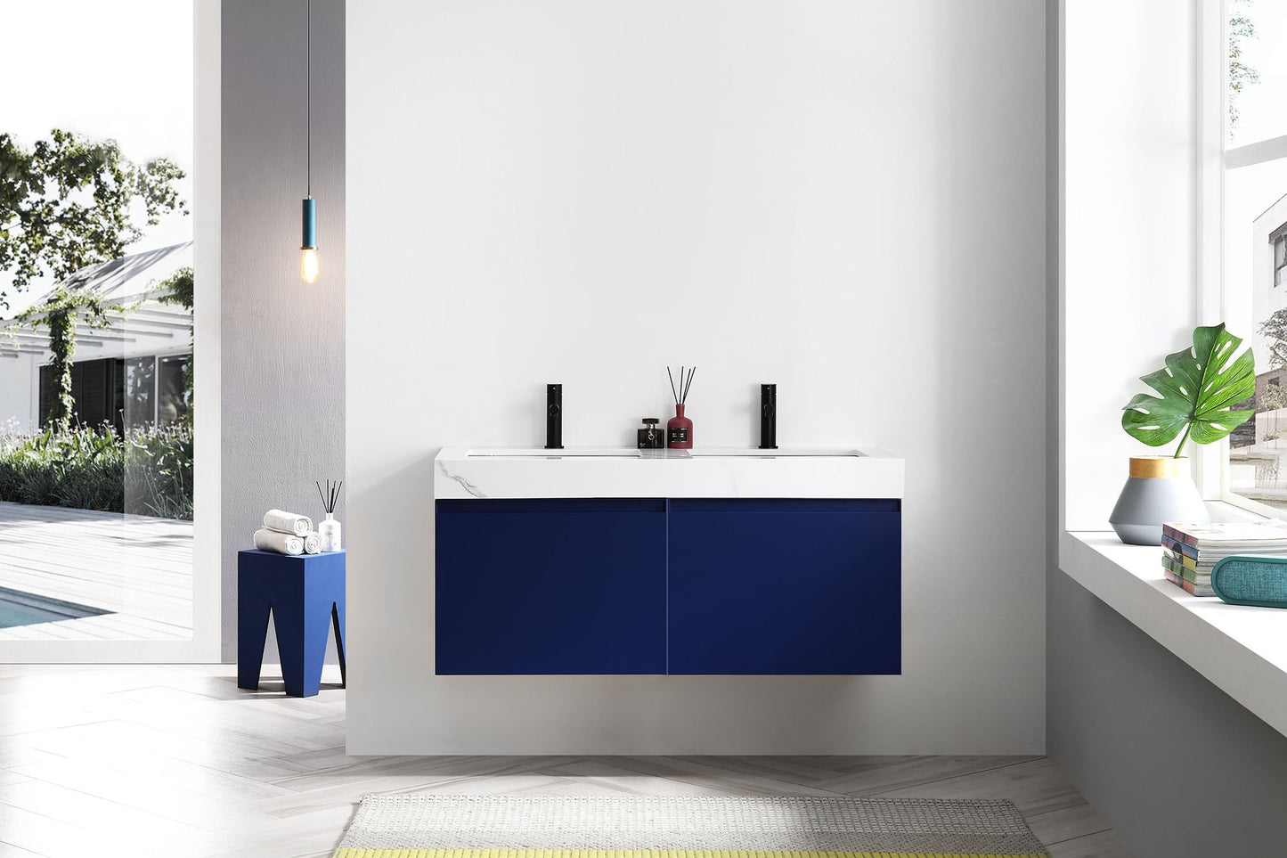 MANAROLA 48” NAVY BLUE WITH THICK QUARTZ WALL MOUNT MODERN BATHROOM VANITY