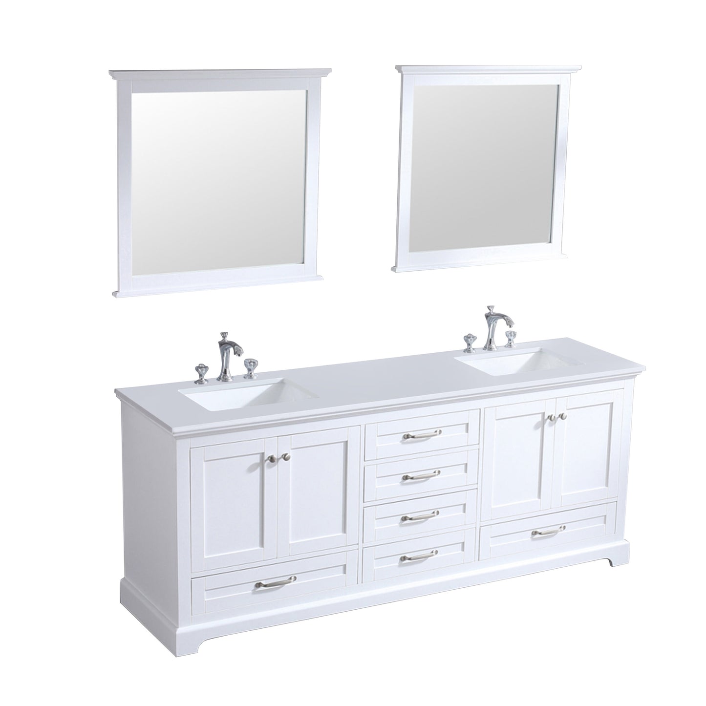 Dukes 80" White Double Vanity, White Quartz Top, White Square Sinks and 30" Mirrors