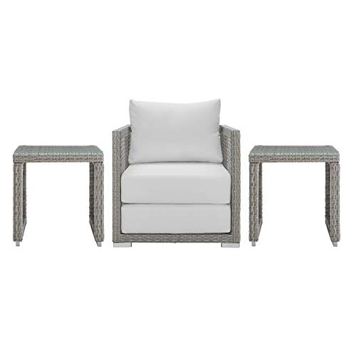 Modway Aura Outdoor Patio Wicker Rattan Armchair and Two Side Tables in Gray White