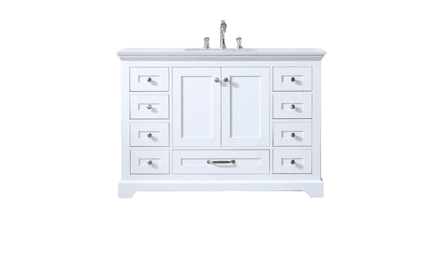 Dukes 48" White Single Vanity, White Quartz Top, White Square Sink and no Mirror