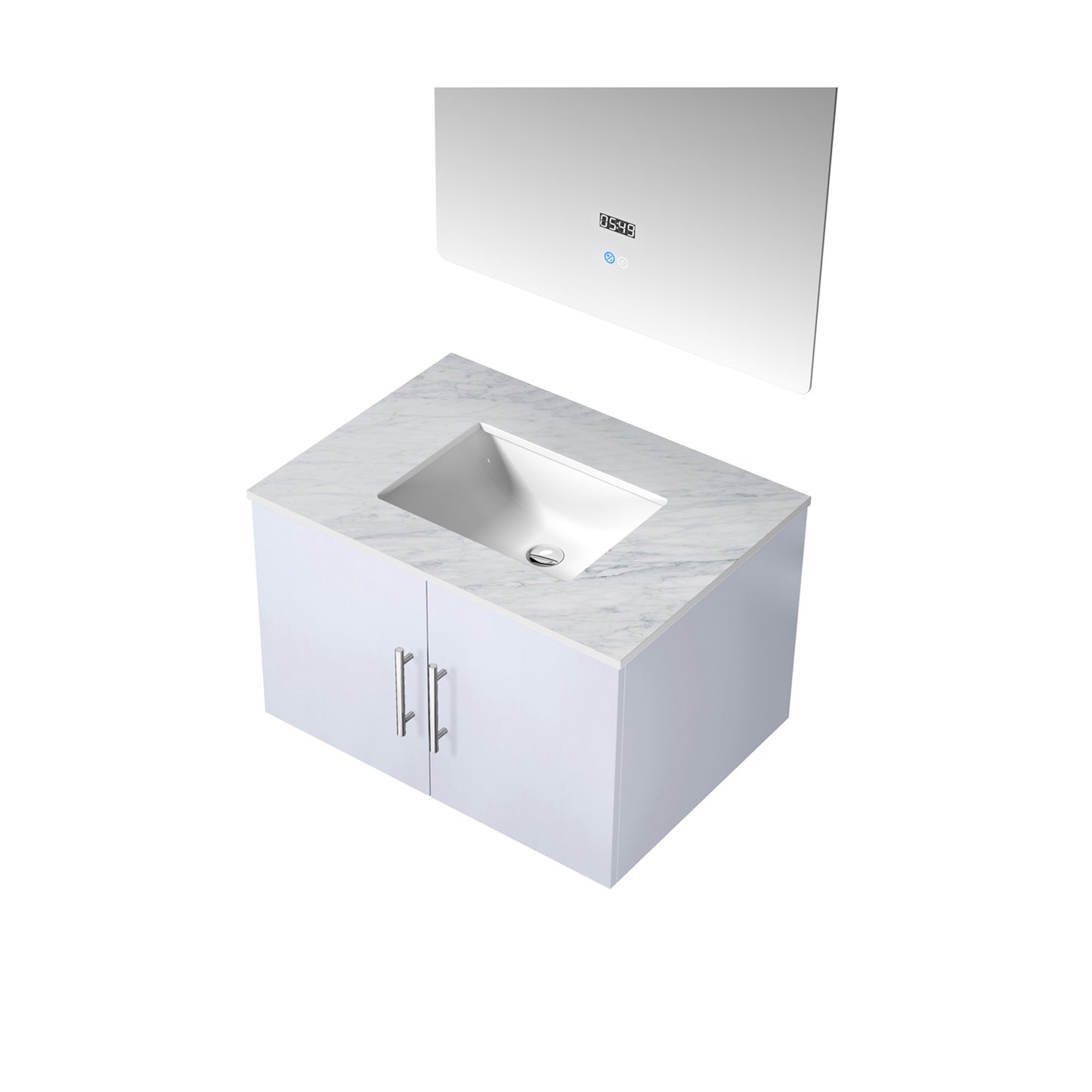 Geneva 30" Glossy White Single Vanity, White Carrara Marble Top, White Square Sink and 30" LED Mirror