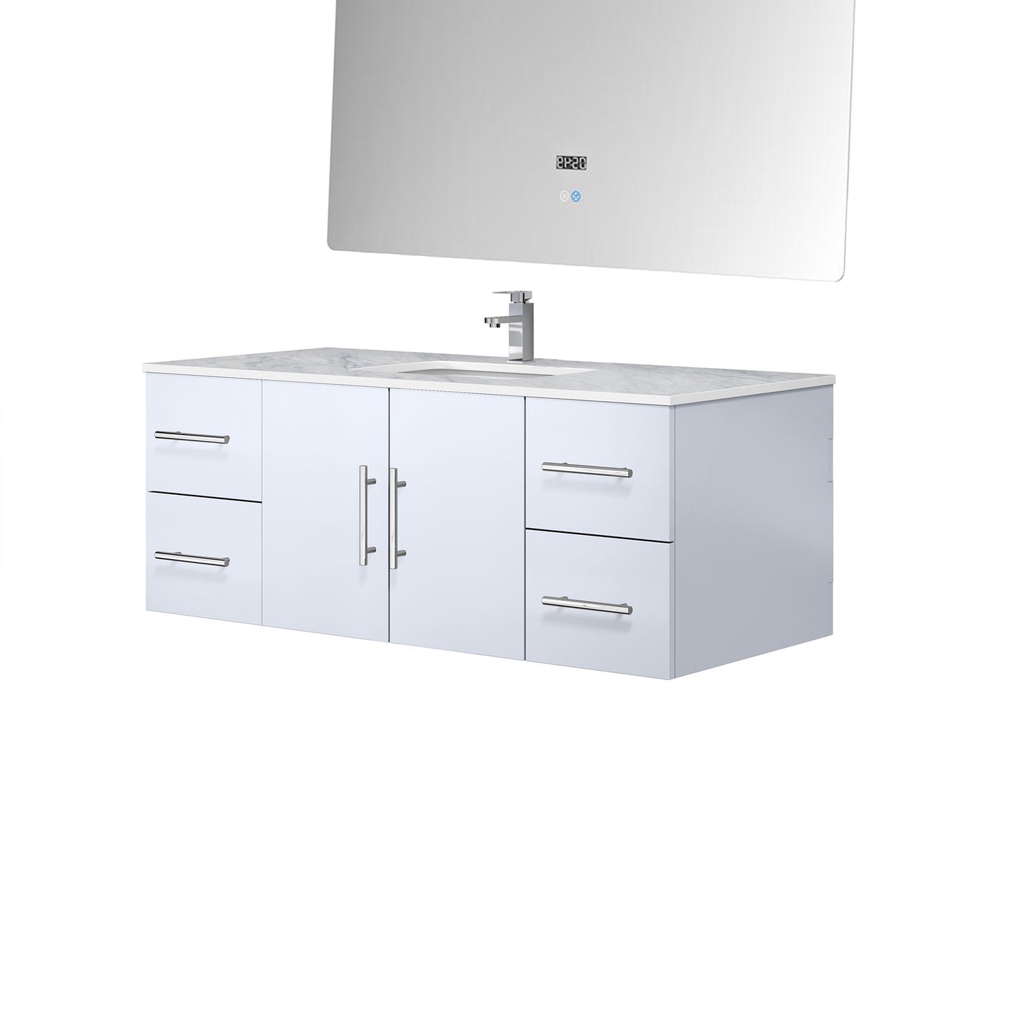 Geneva 48" Glossy White Single Vanity, White Carrara Marble Top, White Square Sink and 48" LED Mirror w/ Faucet