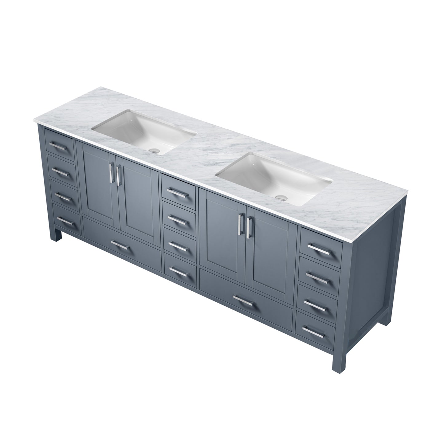 Jacques 84" Dark Grey Double Vanity, White Carrara Marble Top, White Square Sinks and no Mirror