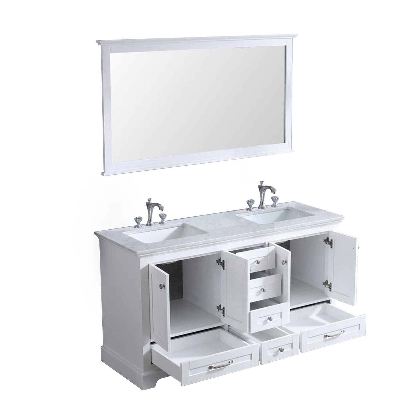 Dukes 60" White Double Vanity, White Carrara Marble Top, White Square Sinks and 58" Mirror w/ Faucets