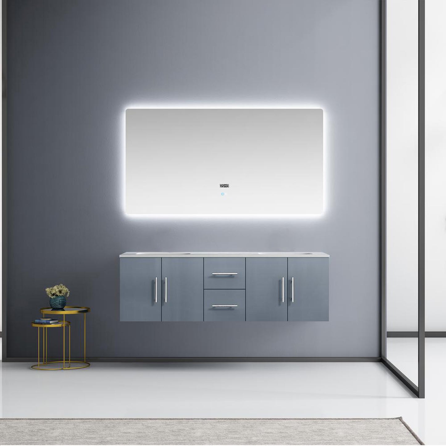 Geneva 60" Dark Grey Double Vanity, White Carrara Marble Top, White Square Sinks and 60" LED Mirror