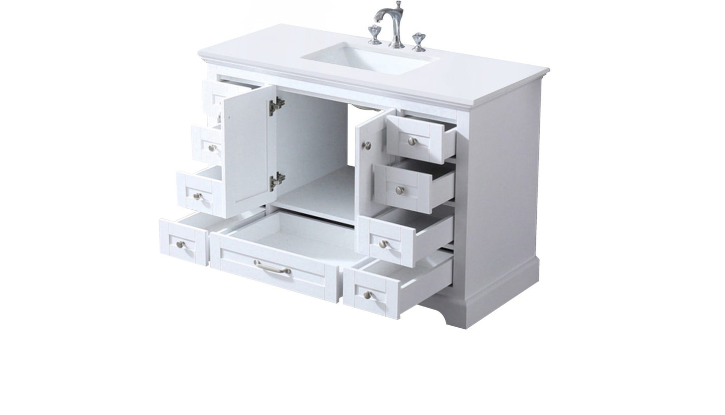 Dukes 48" White Single Vanity, White Quartz Top, White Square Sink and no Mirror