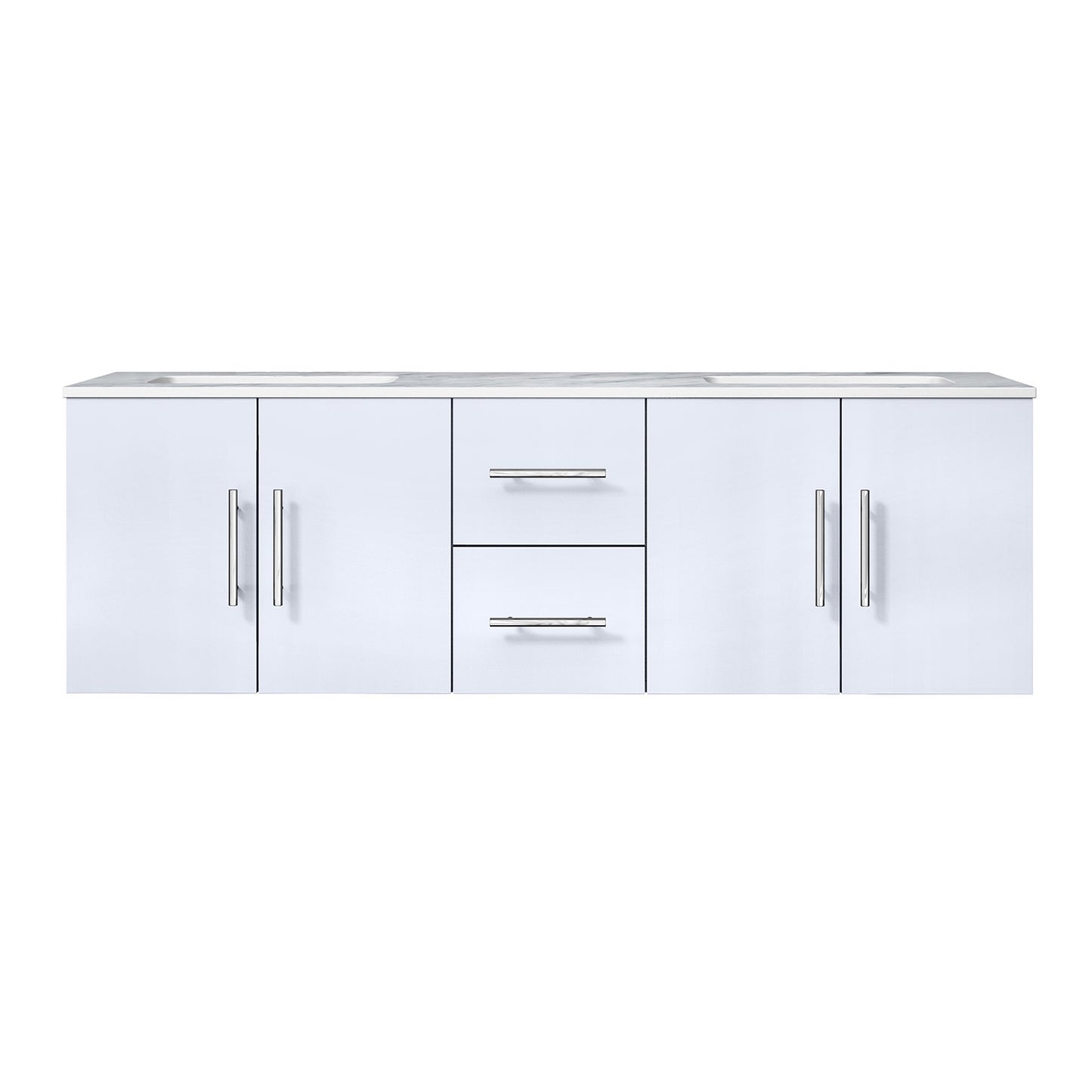 Geneva 60" Glossy White Double Vanity, White Carrara Marble Top, White Square Sinks and no Mirror