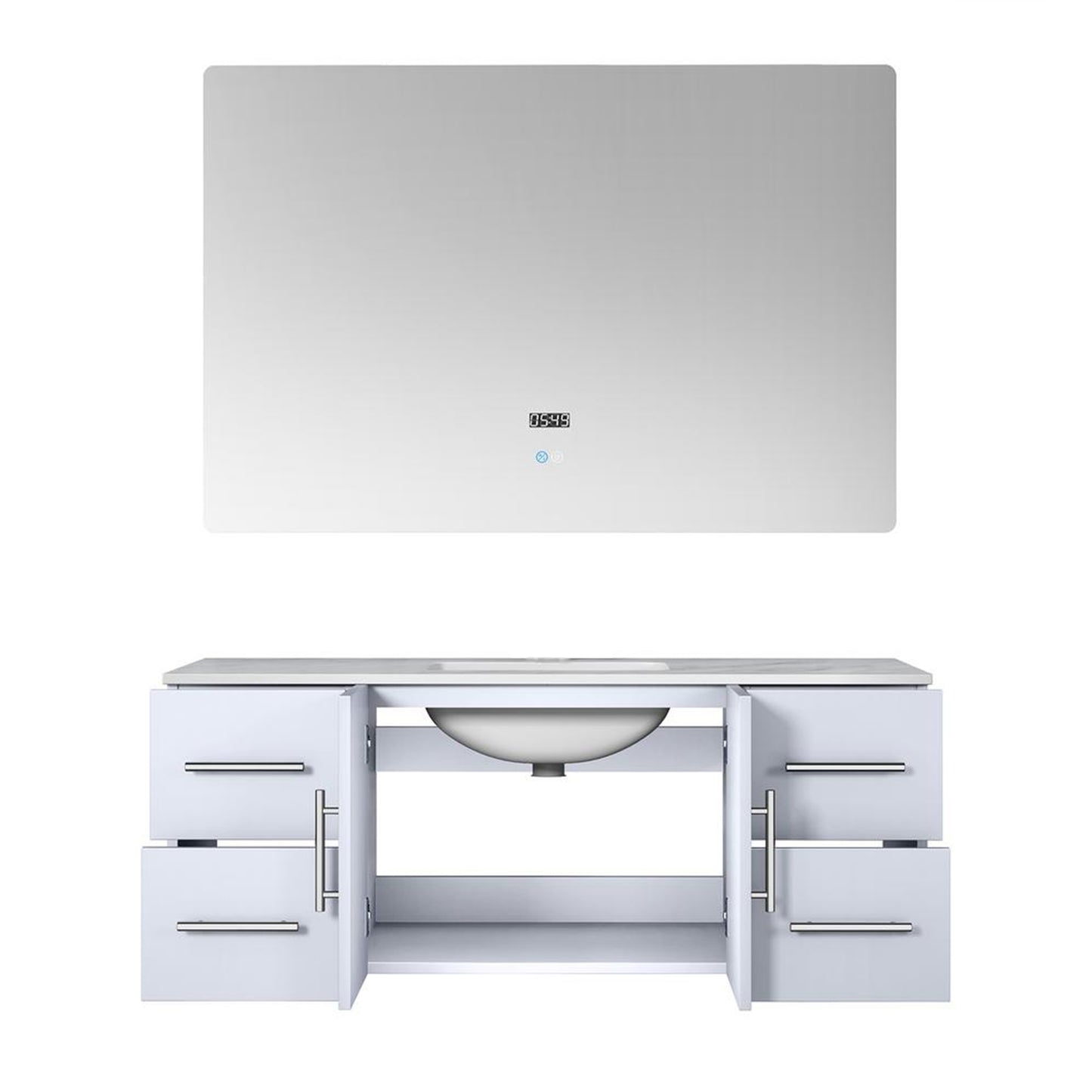 Geneva 48" Glossy White Single Vanity, White Carrara Marble Top, White Square Sink and 48" LED Mirror