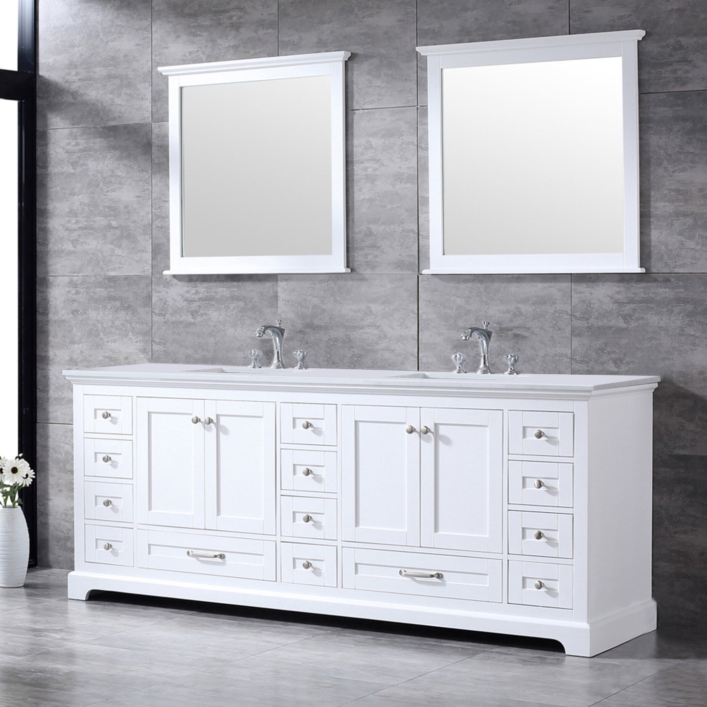 Dukes 84" White Double Vanity, White Quartz Top, White Square Sinks and 34" Mirrors