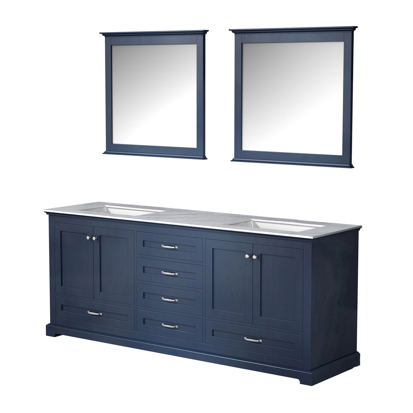 Dukes 80" Navy Blue Double Vanity, White Carrara Marble Top, White Square Sinks and 30" Mirrors