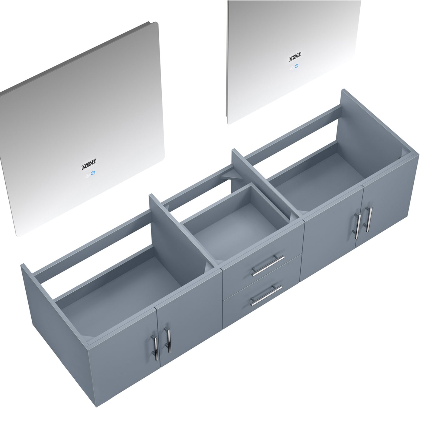 Geneva 72" Dark Grey Double Vanity, no Top and 30" LED Mirrors