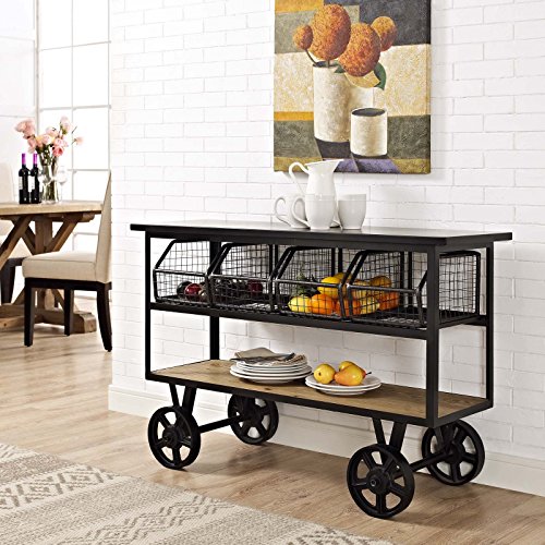 Modway Fairground Rustic Farmhouse and Steel Rolling Cart Kitchen Serving Stand in Brown