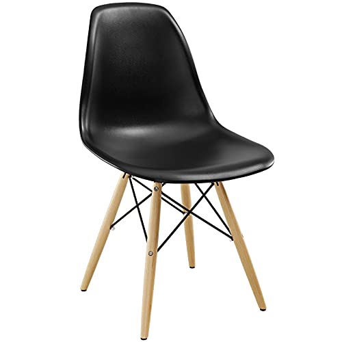 Modway Pyramid Mid-Century Modern Kitchen and Dining Room Chair with Natural Wood Legs in Black