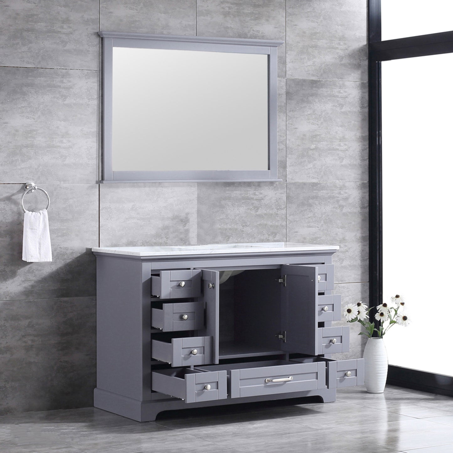 Dukes 48" Dark Grey Single Vanity, White Carrara Marble Top, White Square Sink and 46" Mirror