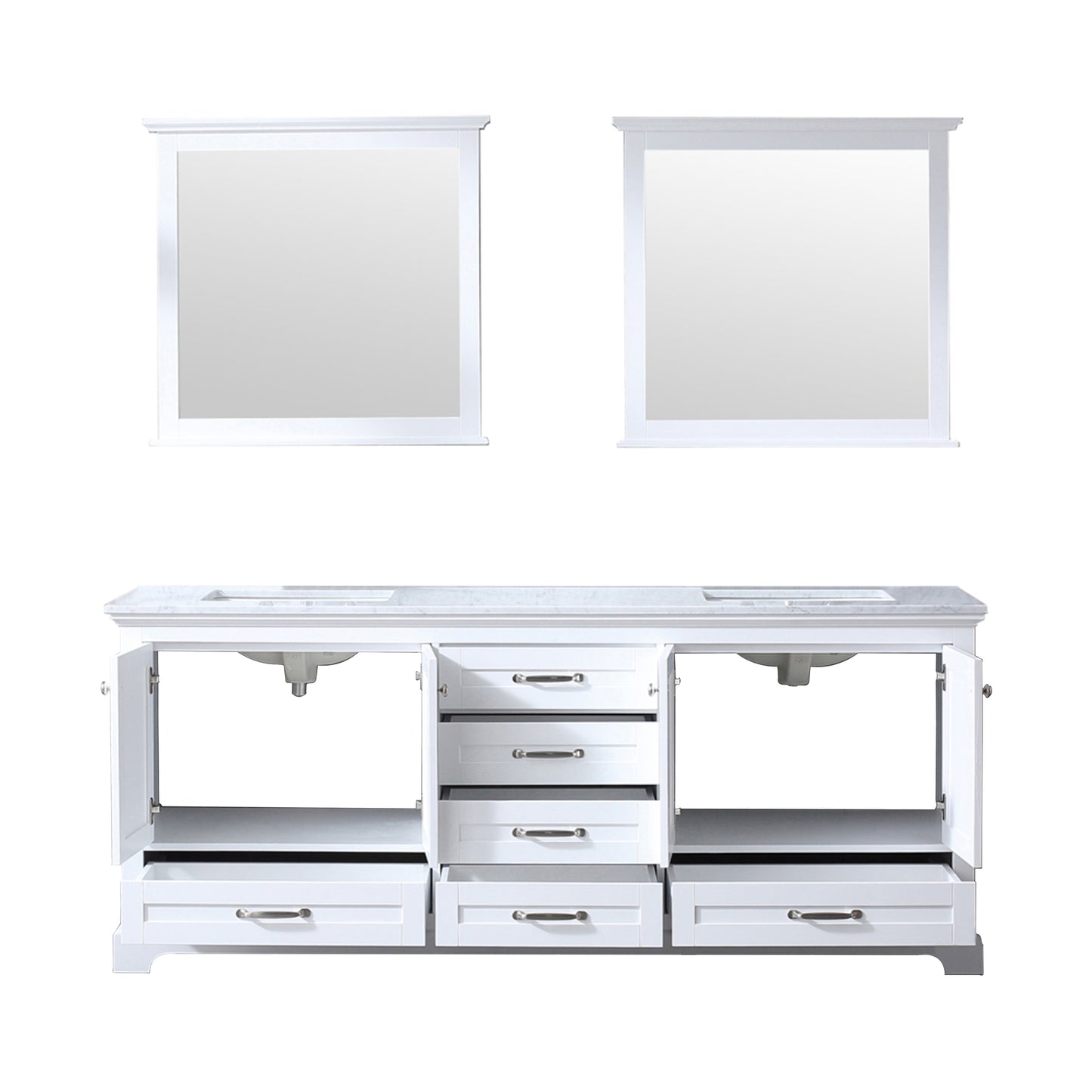 Dukes 80" White Double Vanity, White Carrara Marble Top, White Square Sinks and 30" Mirrors