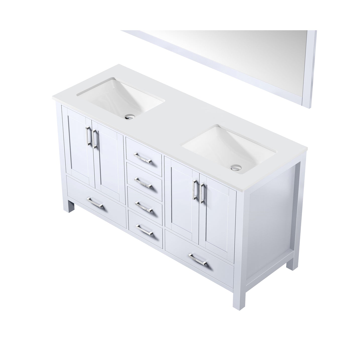 Jacques 60" White Double Vanity, White Quartz Top, White Square Sinks and 58" Mirror