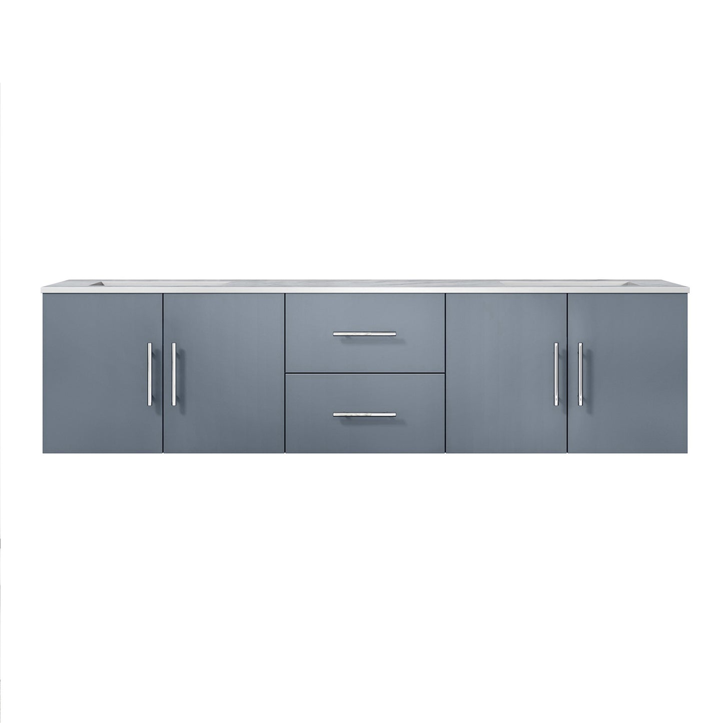 Geneva 72" Dark Grey Double Vanity, White Carrara Marble Top, White Square Sinks and no Mirror