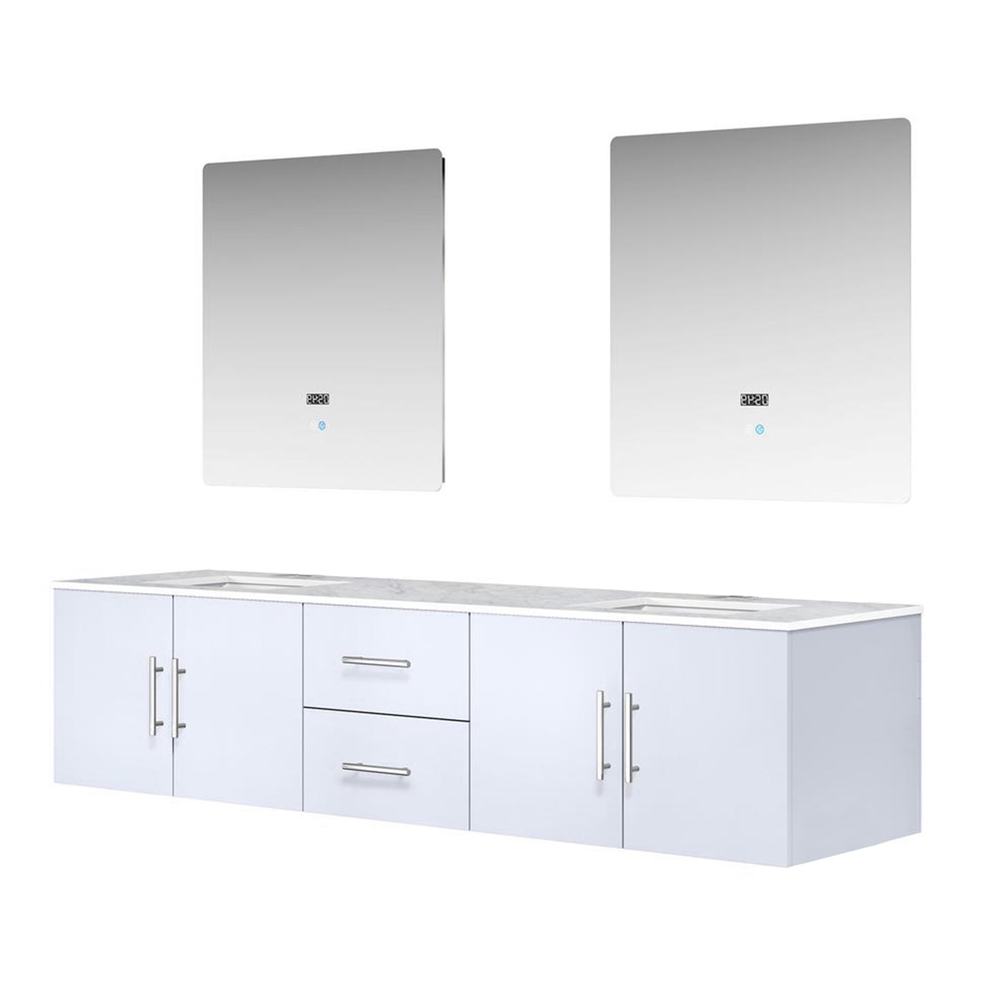 Geneva 80" Glossy White Double Vanity, White Carrara Marble Top, White Square Sinks and 30" LED Mirrors