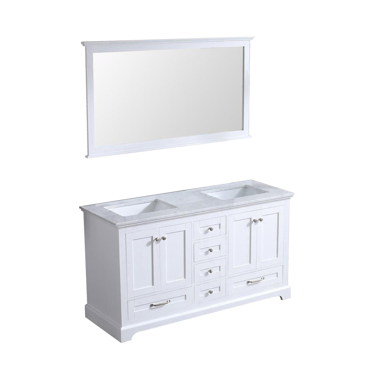 Dukes 60" White Double Vanity, White Carrara Marble Top, White Square Sinks and 58" Mirror