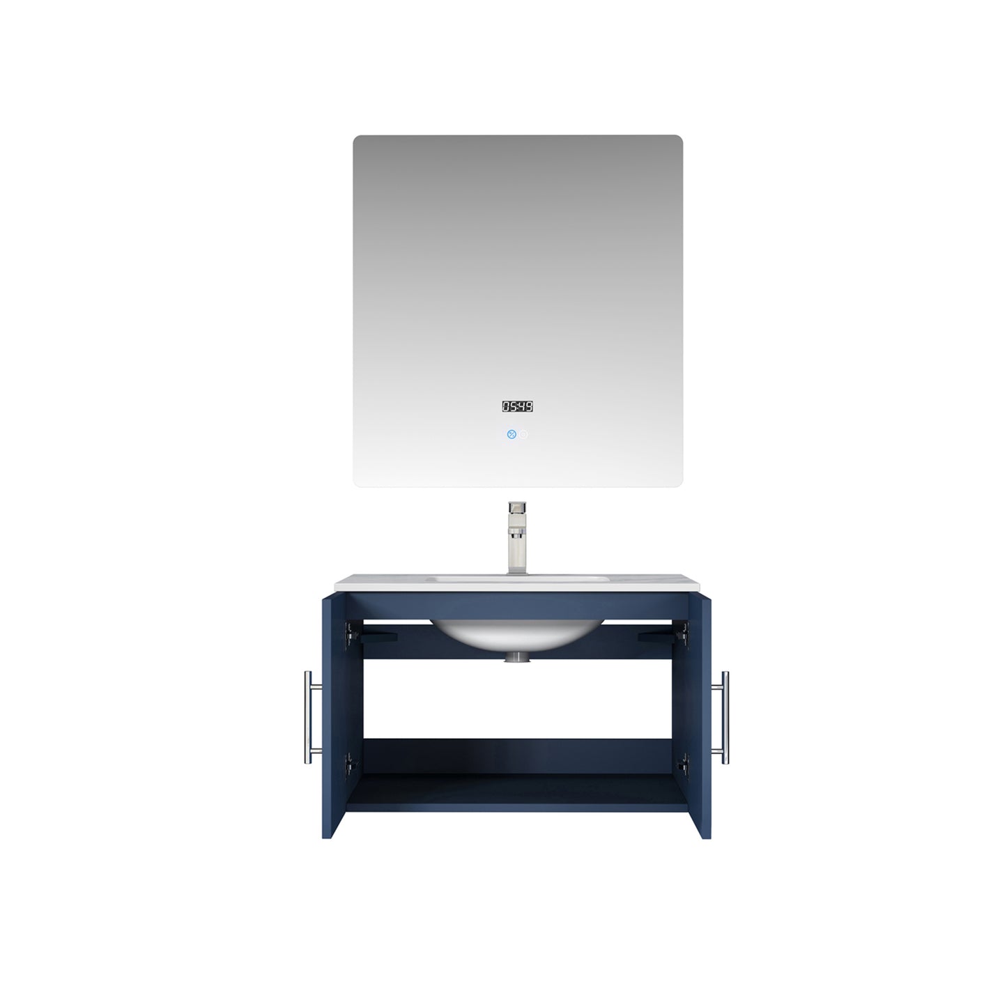 Geneva 30" Navy Blue Single Vanity, White Carrara Marble Top, White Square Sink and 30" LED Mirror w/ Faucet