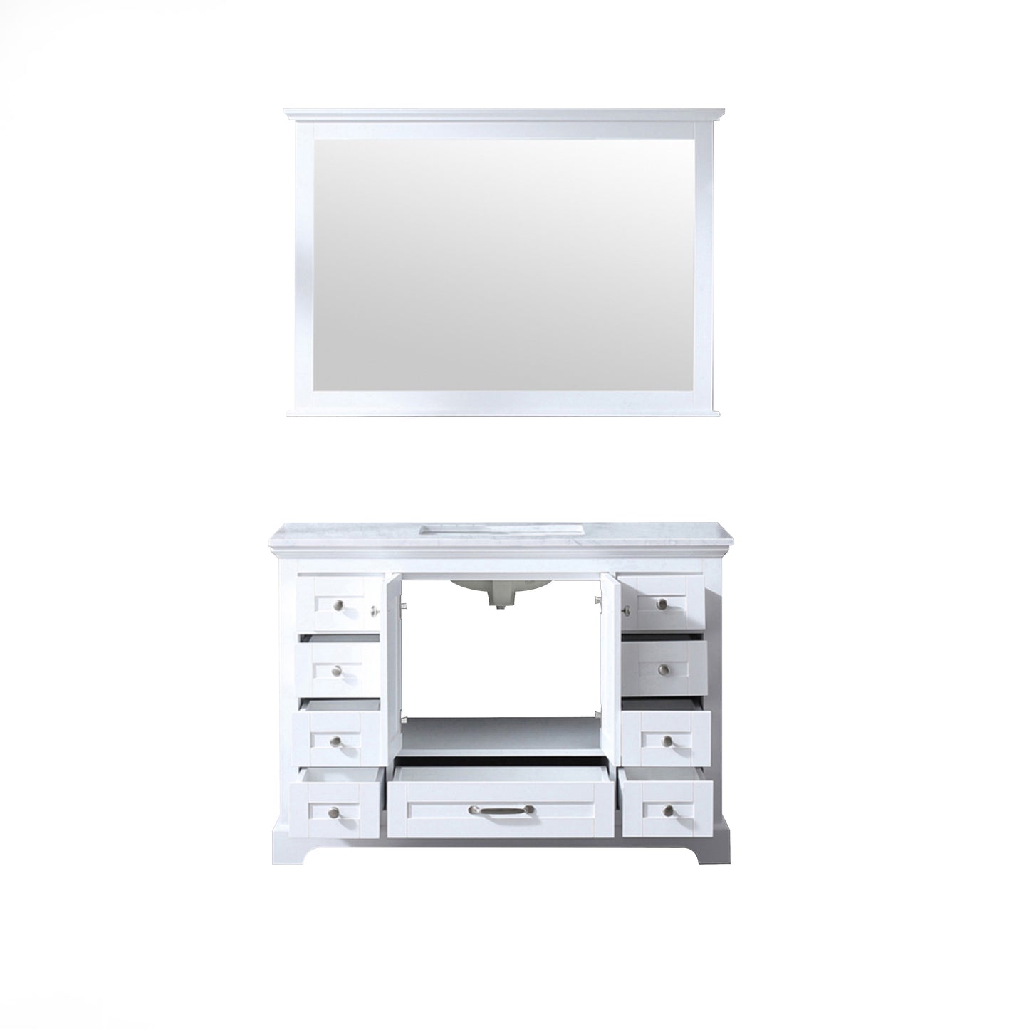 Dukes 48" White Single Vanity, White Carrara Marble Top, White Square Sink and 46" Mirror