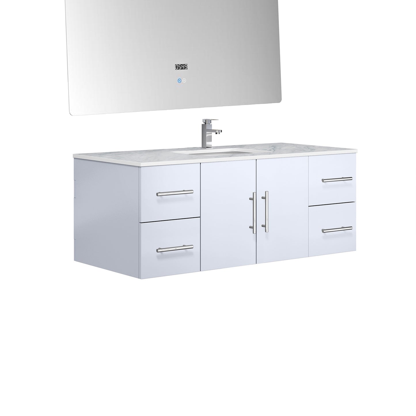 Geneva 48" Glossy White Single Vanity, White Carrara Marble Top, White Square Sink and 48" LED Mirror w/ Faucet