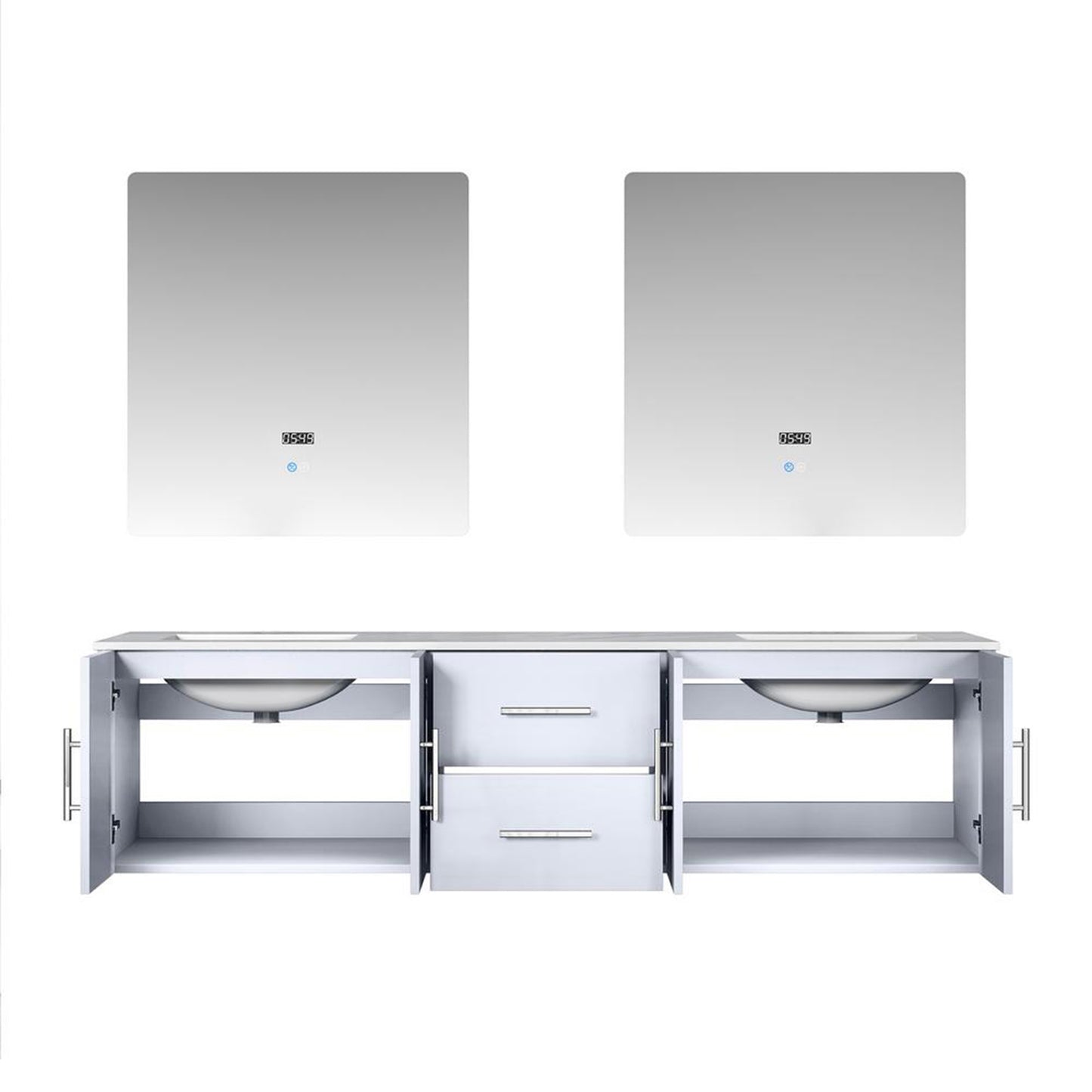 Geneva 72" Glossy White Double Vanity, White Carrara Marble Top, White Square Sinks and 30" LED Mirrors