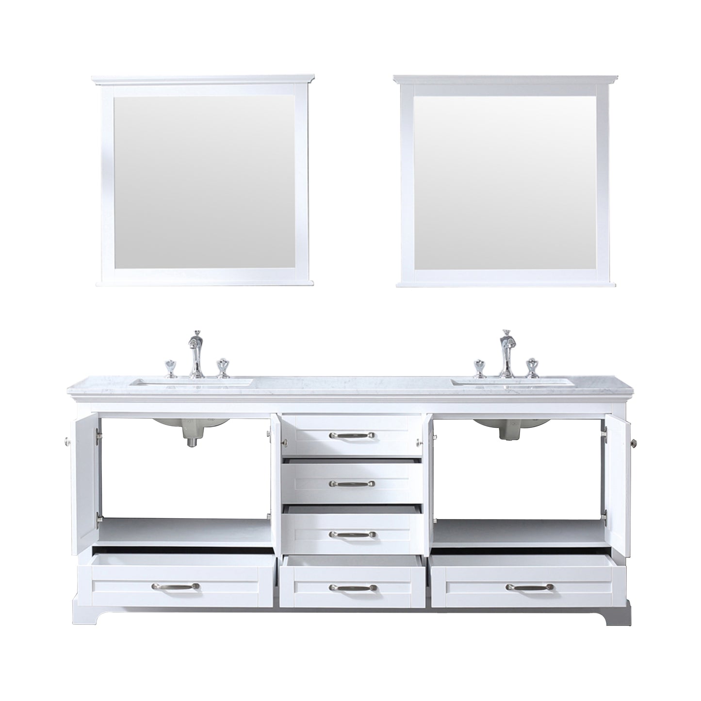 Dukes 80" White Double Vanity, White Carrara Marble Top, White Square Sinks and 30" Mirrors w/ Faucets