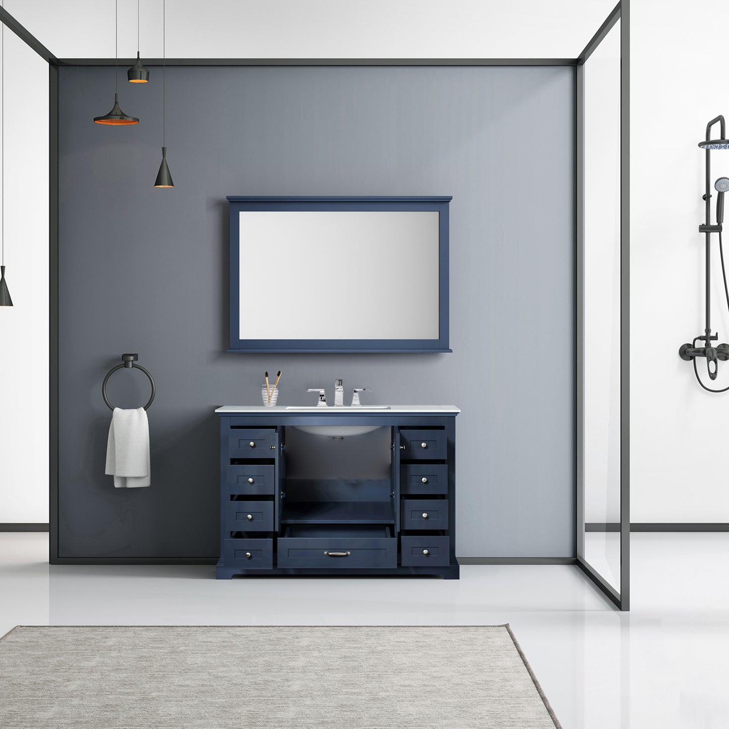 Dukes 48" Navy Blue Single Vanity, White Carrara Marble Top, White Square Sink and 46" Mirror w/ Faucet