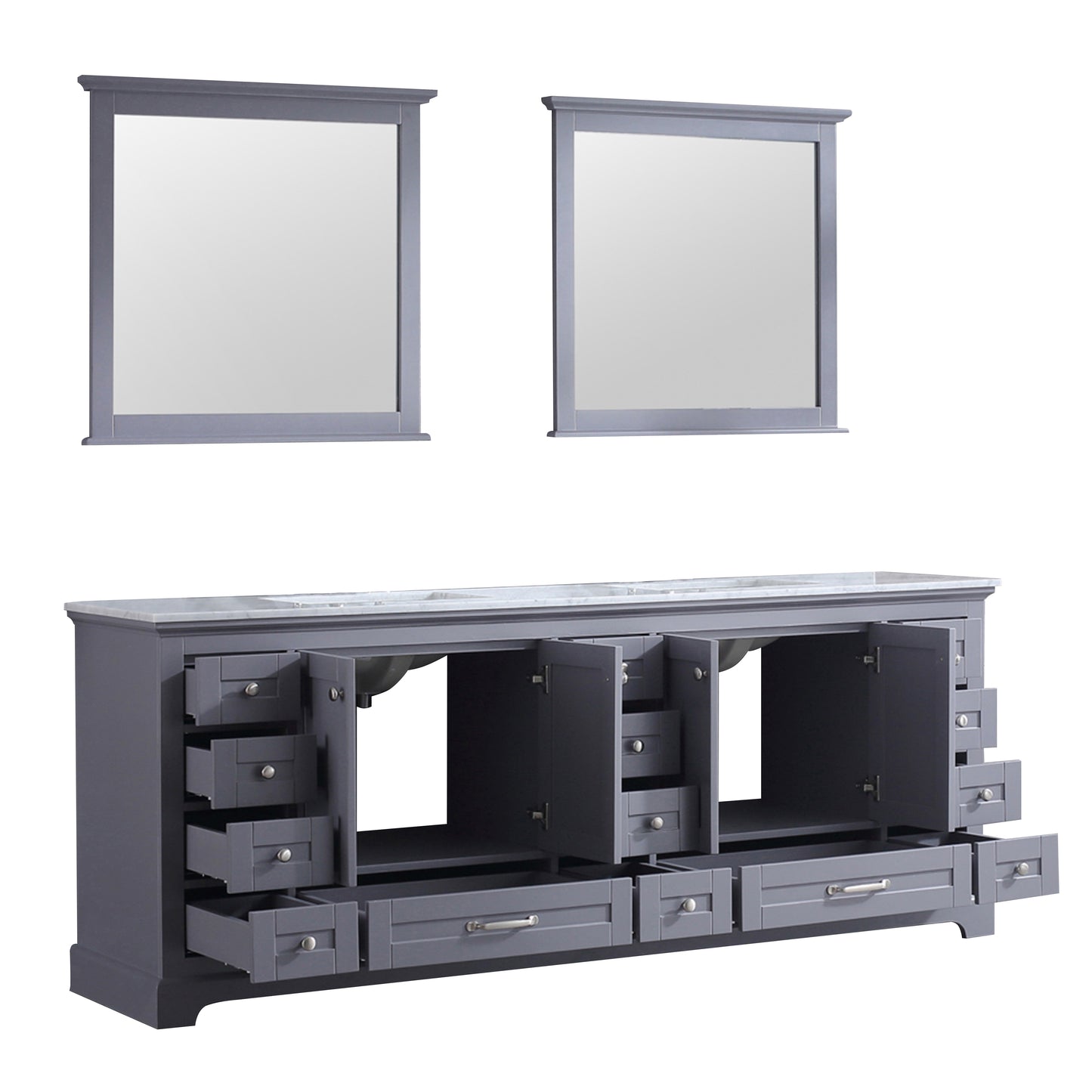 Dukes 84" Dark Grey Double Vanity, White Carrara Marble Top, White Square Sinks and 34" Mirrors