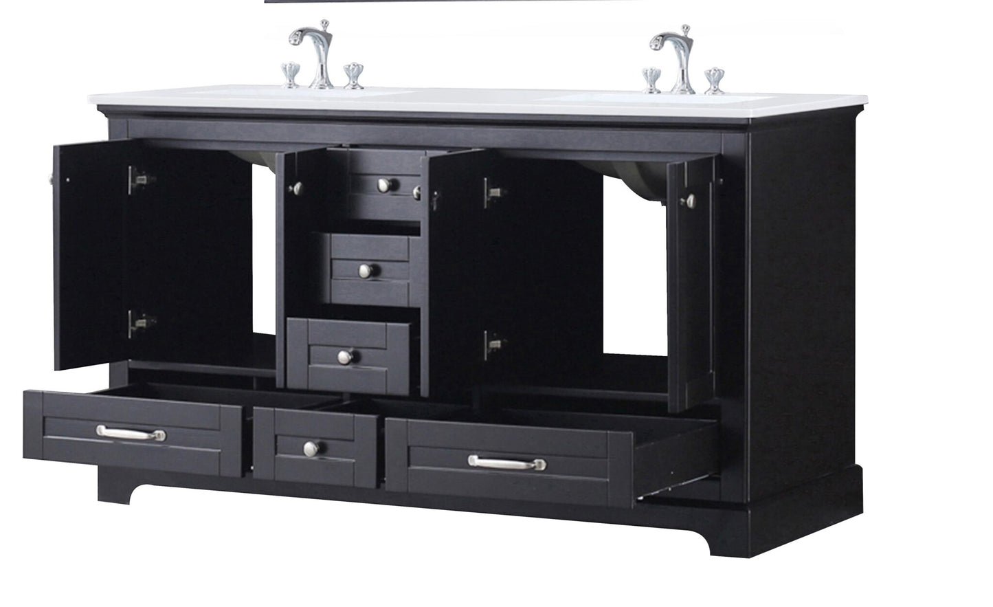 Dukes 60" Espresso Double Vanity, White Quartz Top, White Square Sinks and no Mirror