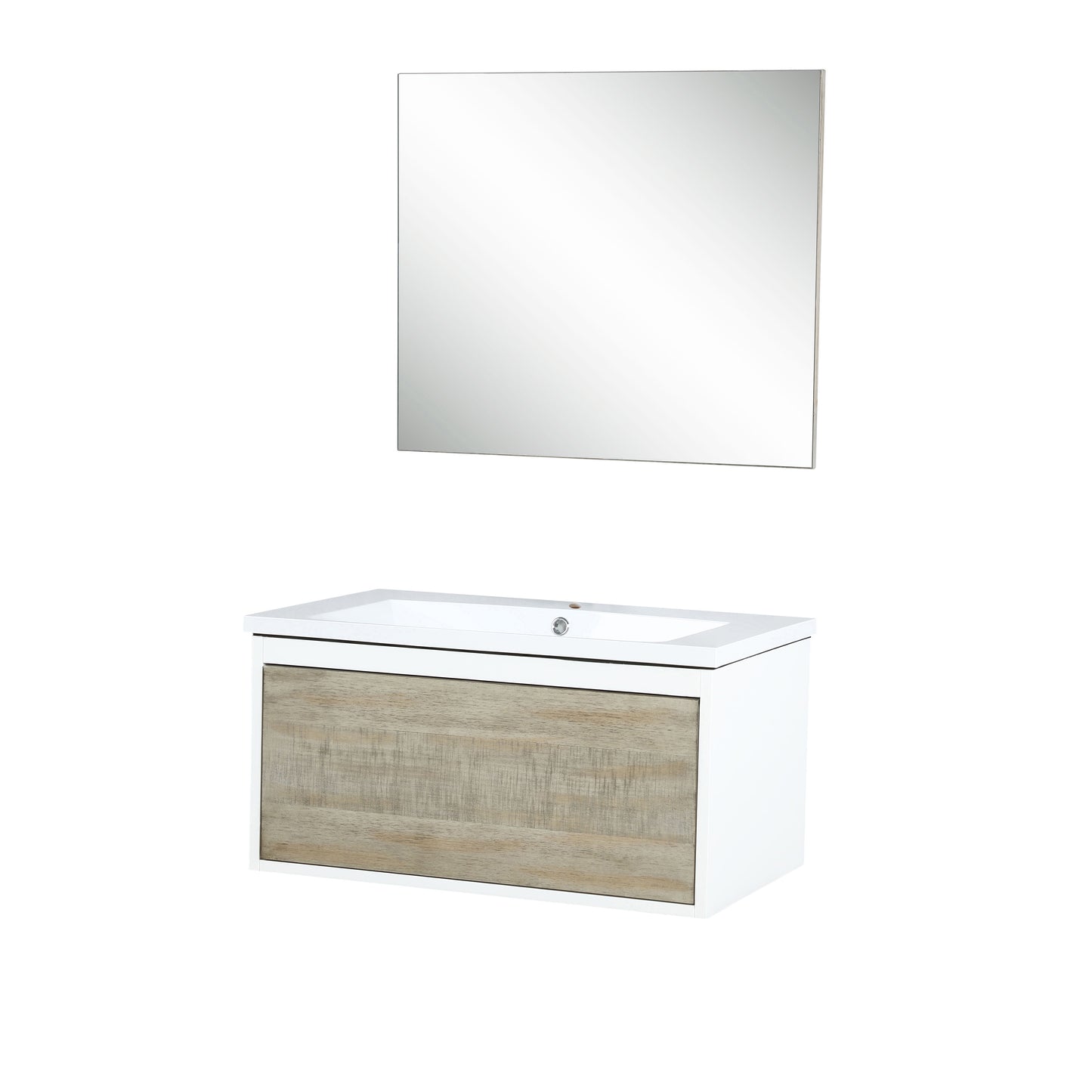 Scopi 30" Rustic Acacia Bathroom Vanity, Acrylic Composite Top with Integrated Sink, and 28" Frameless Mirror