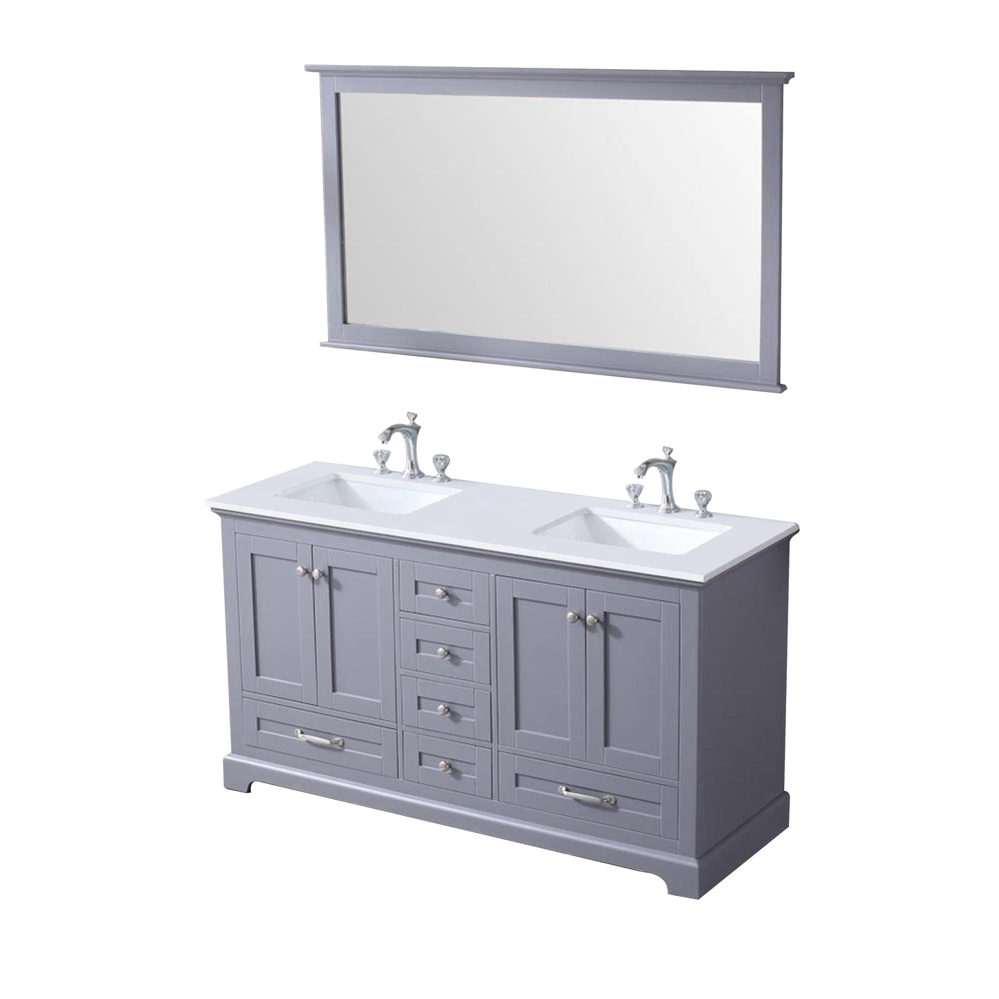 Dukes 60" Dark Grey Double Vanity, White Quartz Top, White Square Sinks and 58" Mirror