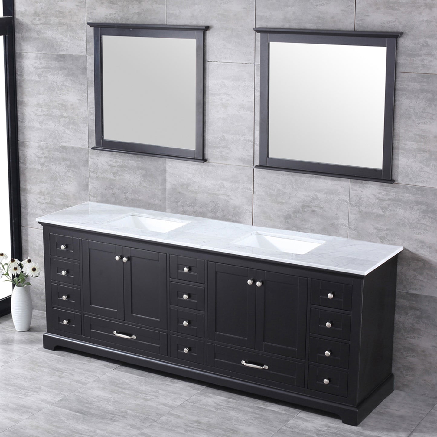 Dukes 84" Espresso Double Vanity, White Carrara Marble Top, White Square Sinks and 34" Mirrors