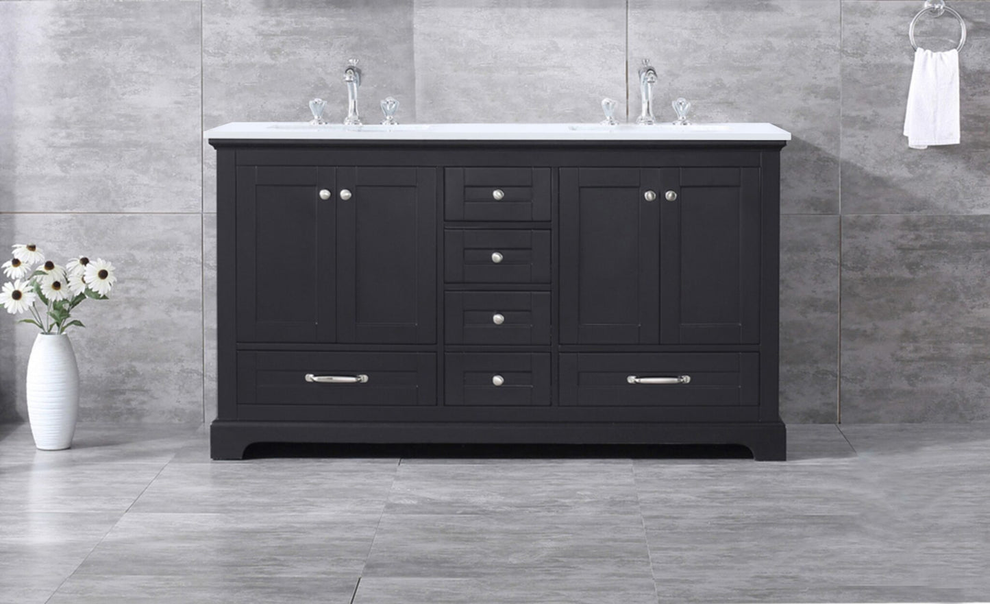 Dukes 60" Espresso Double Vanity, White Quartz Top, White Square Sinks and no Mirror