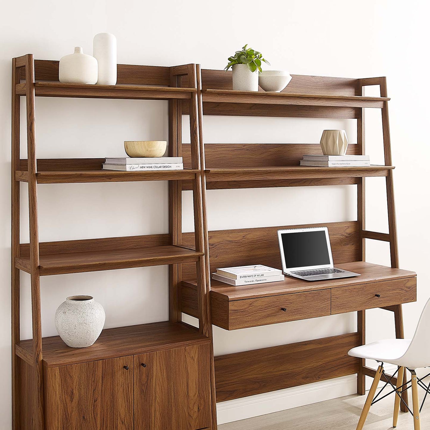 Modway 2-Piece Home Office Desk and Bookshelf Display Case in Walnut