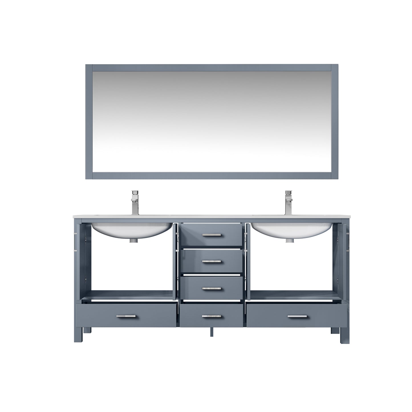 Jacques 72" Dark Grey Double Vanity, White Quartz Top, White Square Sinks and 70" Mirror